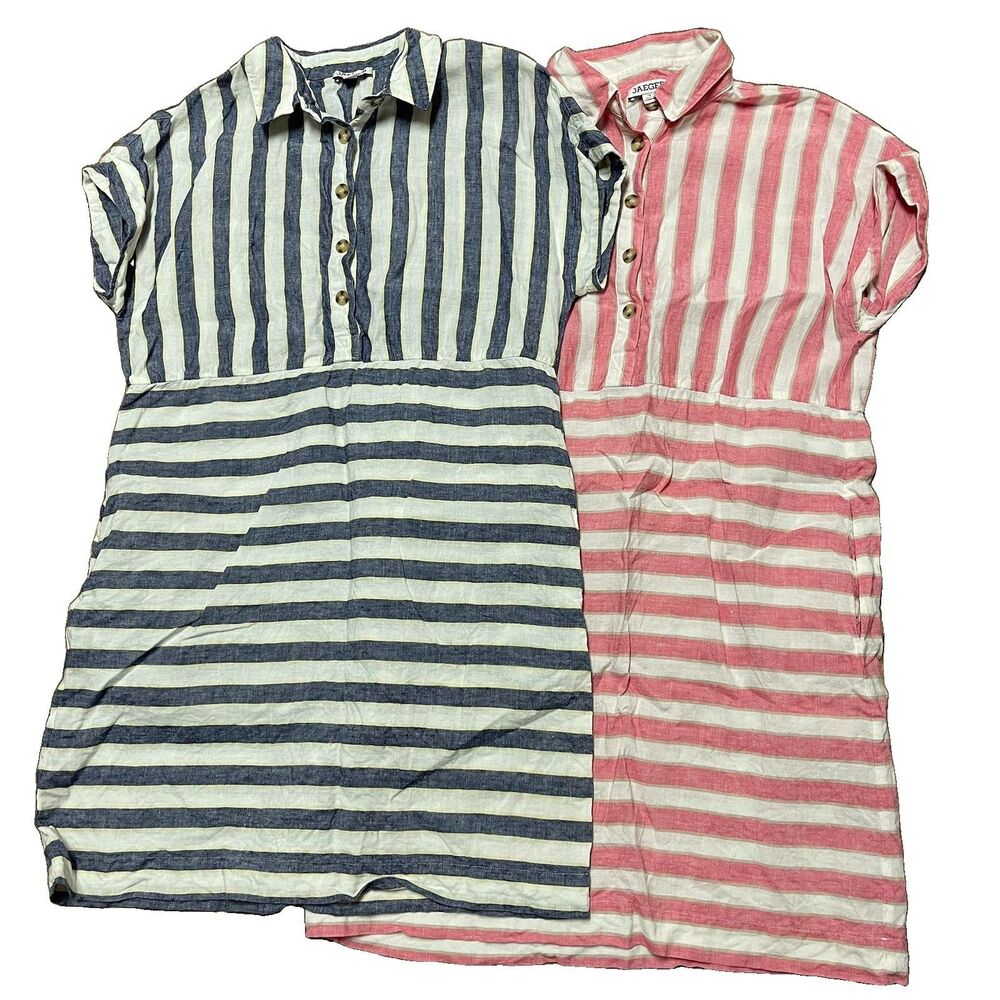 Lot of 2 Jaeger Dress Size 14 100% Flax Linen Striped Buttons Career Work Office